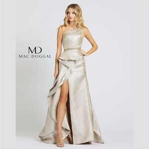 Mac Duggal Champagne One-Shoulder Metallic Peplum Gown